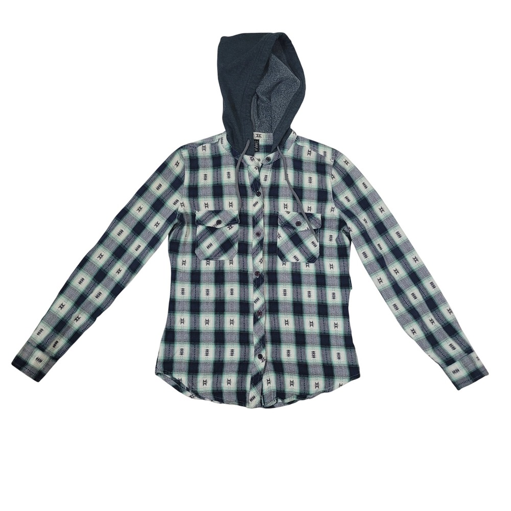 Empyre XS Hooded Flannel Shirt Womens Teal Navy Plaid Geometric Button‎ Down